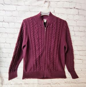 L.L.Bean Womens Fisherman Purple Plum Zip Cardigan Chunky Cable Knit  XL